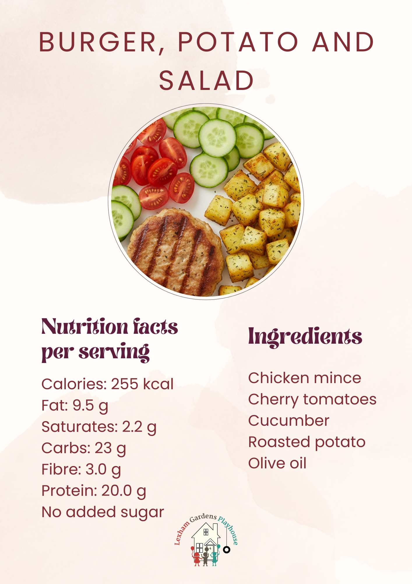 Burger, potato and salad