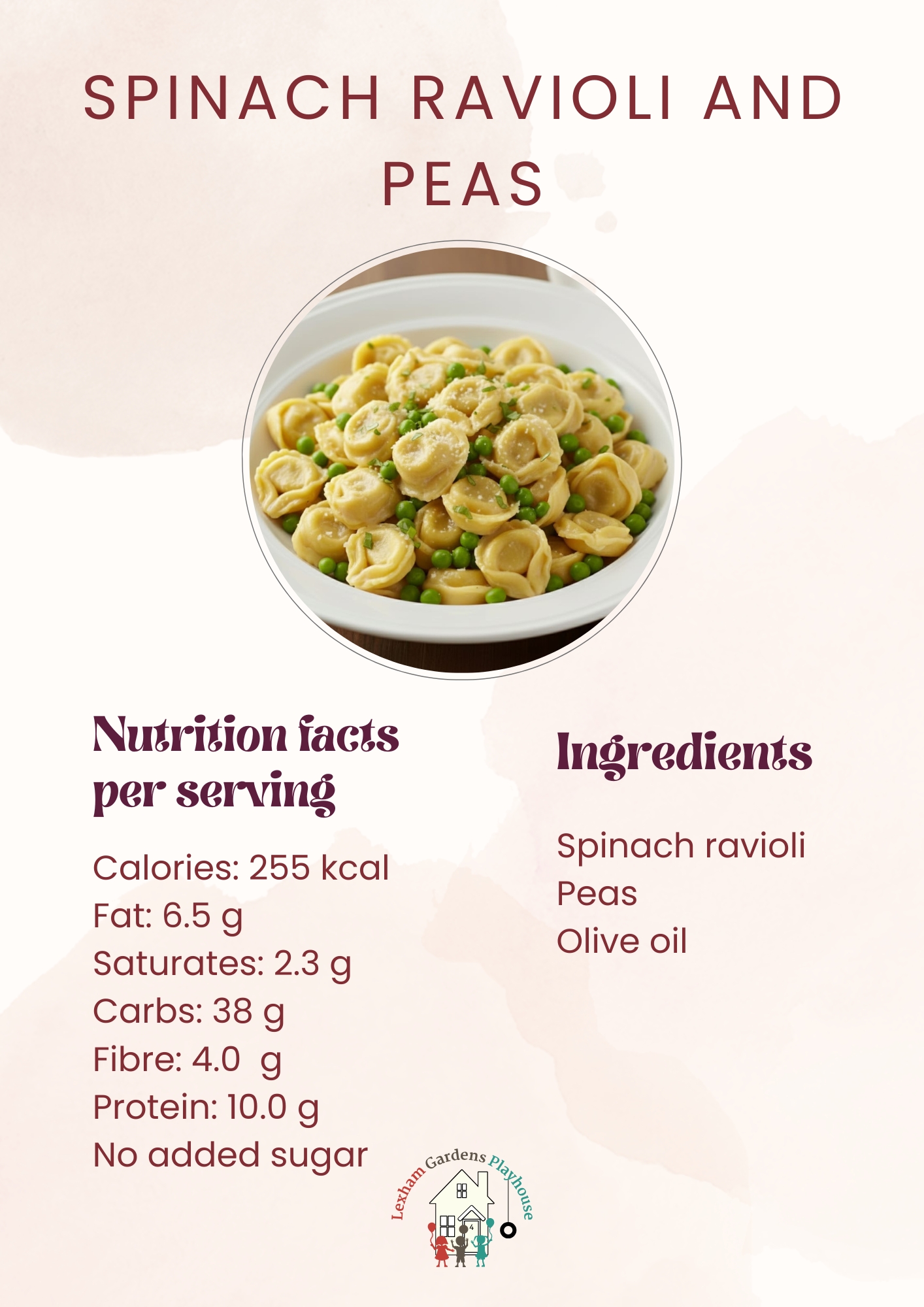 Spinach ravioli and peas